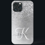 Silver Brushed Metal Glitter Monogram Name iPhone 13 Pro Max Case<br><div class="desc">Easily personalize this trendy chic phone case design featuring pretty silver sparkling glitter on a silver brushed metallic background.</div>