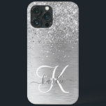 Silver Brushed Metal Glitter Monogram Name iPhone 13 Pro Max Case<br><div class="desc">Easily personalize this trendy chic phone case design featuring pretty silver sparkling glitter on a silver brushed metallic background.</div>