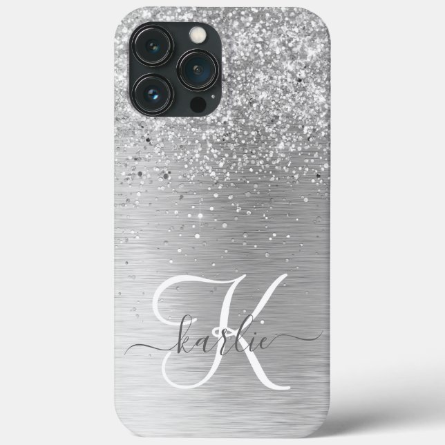 Silver Brushed Metal Glitter Monogram Name Case-Mate iPhone Case (Back)