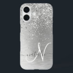 Silver Brushed Metal Glitter Monogram Name iPhone 16 Case<br><div class="desc">Easily personalize this trendy chic phone case design featuring pretty silver sparkling glitter on a silver brushed metallic background.</div>