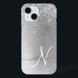 Silver Brushed Metal Glitter Monogram Name iPhone 15 Case<br><div class="desc">Easily personalize this trendy chic phone case design featuring pretty silver sparkling glitter on a silver brushed metallic background.</div>