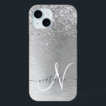 Silver Brushed Metal Glitter Monogram Name iPhone 15 Case<br><div class="desc">Easily personalize this trendy chic phone case design featuring pretty silver sparkling glitter on a silver brushed metallic background.</div>