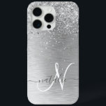 Silver Brushed Metal Glitter Monogram Name iPhone 15 Pro Max Case<br><div class="desc">Easily personalize this trendy chic phone case design featuring pretty silver sparkling glitter on a silver brushed metallic background.</div>