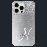 Silver Brushed Metal Glitter Monogram Name iPhone 15 Pro Max Case<br><div class="desc">Easily personalize this trendy chic phone case design featuring pretty silver sparkling glitter on a silver brushed metallic background.</div>