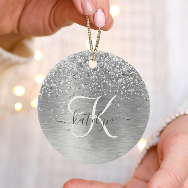 Silver Brushed Metal Glitter Monogram Name Ceramic Ornament (Creator Uploaded)