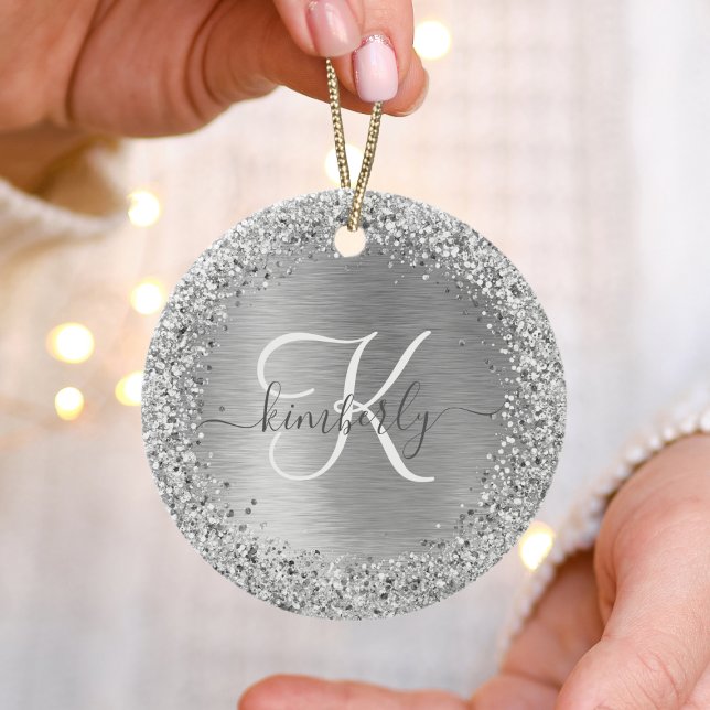 Silver Brushed Metal Glitter Monogram Name Ceramic Ornament (Creator Uploaded)