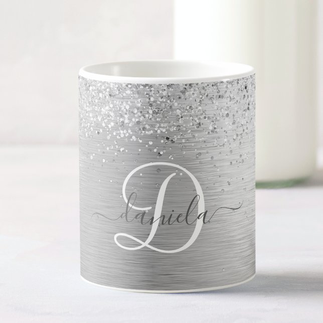 Silver Brushed Metal Glitter Monogram Name Coffee Mug (Creator Uploaded)