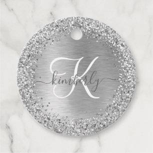 Silver Brushed Metal Glitter Monogram Name Favour Tags