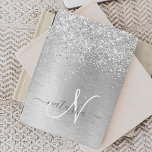 Silver Brushed Metal Glitter Monogram Name iPad Air Cover<br><div class="desc">Easily personalize this trendy chic ipad cover design featuring pretty silver sparkling glitter on a silver brushed metallic background.</div>