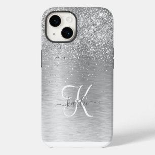 Silver Brushed Metal Glitter Monogram Name iPhone 14 Case