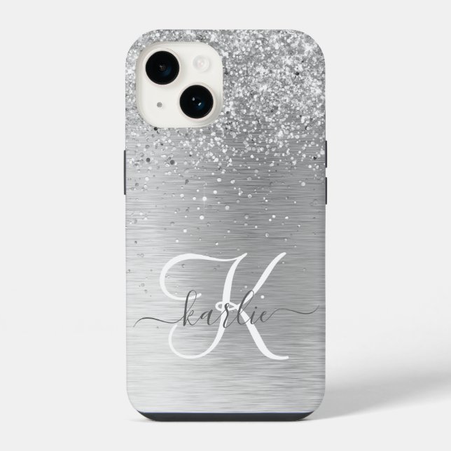 Silver Brushed Metal Glitter Monogram Name iPhone Case (Back)