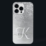 Silver Brushed Metal Glitter Monogram Name iPhone 14 Pro Max Case<br><div class="desc">Easily personalize this trendy chic phone case design featuring pretty silver sparkling glitter on a silver brushed metallic background.</div>