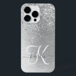 Silver Brushed Metal Glitter Monogram Name iPhone 14 Pro Max Case<br><div class="desc">Easily personalize this trendy chic phone case design featuring pretty silver sparkling glitter on a silver brushed metallic background.</div>