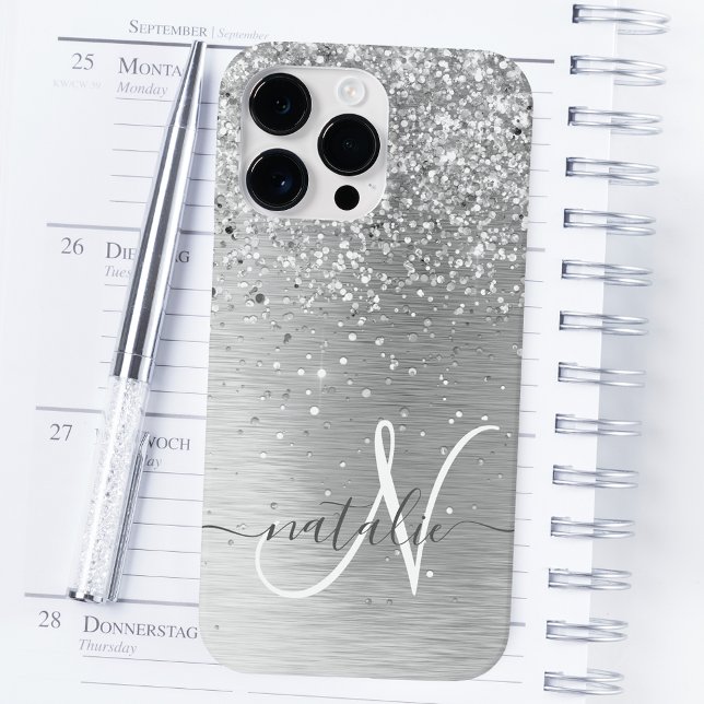 Silver Brushed Metal Glitter Monogram Name iPhone Case (Creator Uploaded)