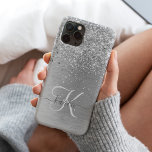 Silver Brushed Metal Glitter Monogram Name iPhone 14 Pro Case<br><div class="desc">Easily personalize this trendy chic phone case design featuring pretty silver sparkling faux glitter on a silver brushed metallic background.</div>