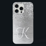 Silver Brushed Metal Glitter Monogram Name iPhone 15 Pro Max Case<br><div class="desc">Easily personalize this trendy chic phone case design featuring pretty silver sparkling glitter on a silver brushed metallic background.</div>