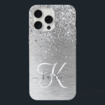 Silver Brushed Metal Glitter Monogram Name iPhone 15 Pro Max Case<br><div class="desc">Easily personalize this trendy chic phone case design featuring pretty silver sparkling glitter on a silver brushed metallic background.</div>