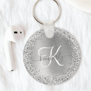 Silver Brushed Metal Glitter Monogram Name Keychain