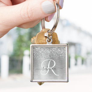 Silver Brushed Metal Glitter Monogram Name Keychain