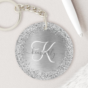 Silver Brushed Metal Glitter Monogram Name Keychain