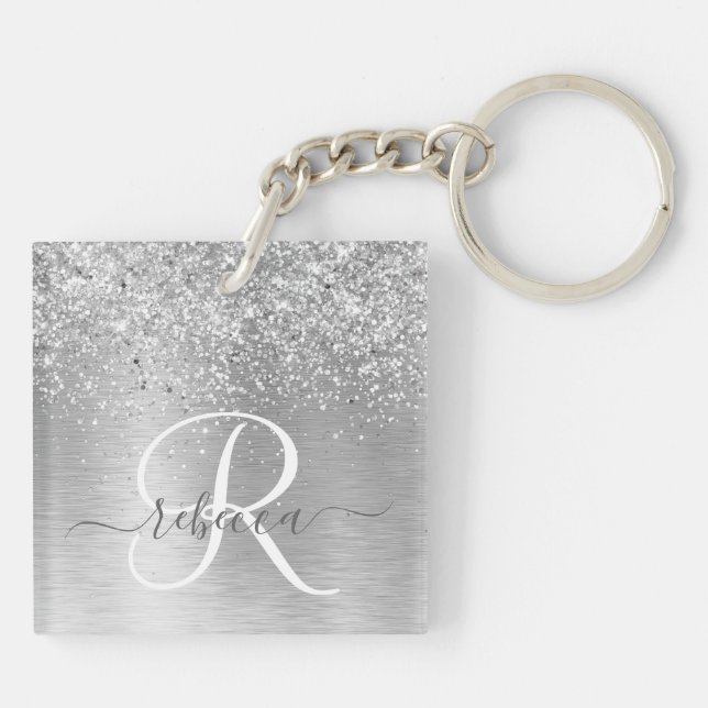 Silver Brushed Metal Glitter Monogram Name Keychain (Back)