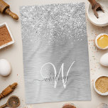 Silver Brushed Metal Glitter Monogram Name Kitchen Towel<br><div class="desc">Easily personalize this trendy chic kitchen towel design featuring pretty silver sparkling glitter on a silver brushed metallic background.</div>