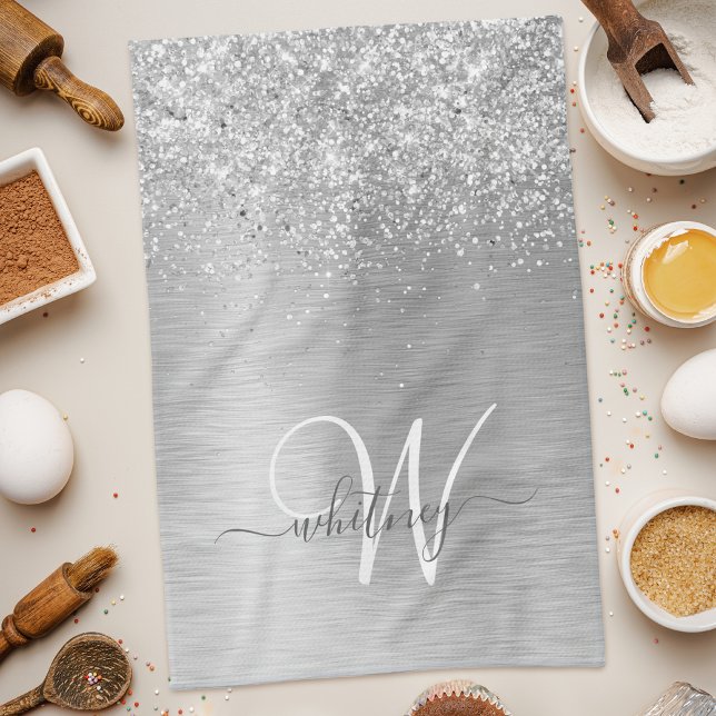 Silver Brushed Metal Glitter Monogram Name Kitchen Towel (Creator Uploaded)