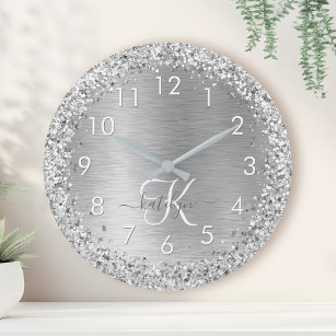 Silver Brushed Metal Glitter Monogram Name Large Clock
