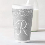 Silver Brushed Metal Glitter Monogram Name Latte Mug<br><div class="desc">Easily personalize this trendy chic latte mug design featuring pretty silver sparkling glitter on a silver brushed metallic background.</div>