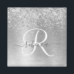 Silver Brushed Metal Glitter Monogram Name Magnet<br><div class="desc">Easily personalize this trendy chic magnet design featuring pretty silver sparkling glitter on a silver brushed metallic background.</div>