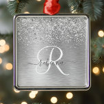 Silver Brushed Metal Glitter Monogram Name Metal Ornament<br><div class="desc">Easily personalize this trendy ornament featuring pretty silver sparkling glitter on a silver brushed metallic background.</div>