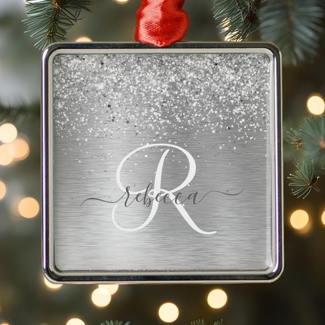 Silver Brushed Metal Glitter Monogram Name Metal Ornament (Creator Uploaded)