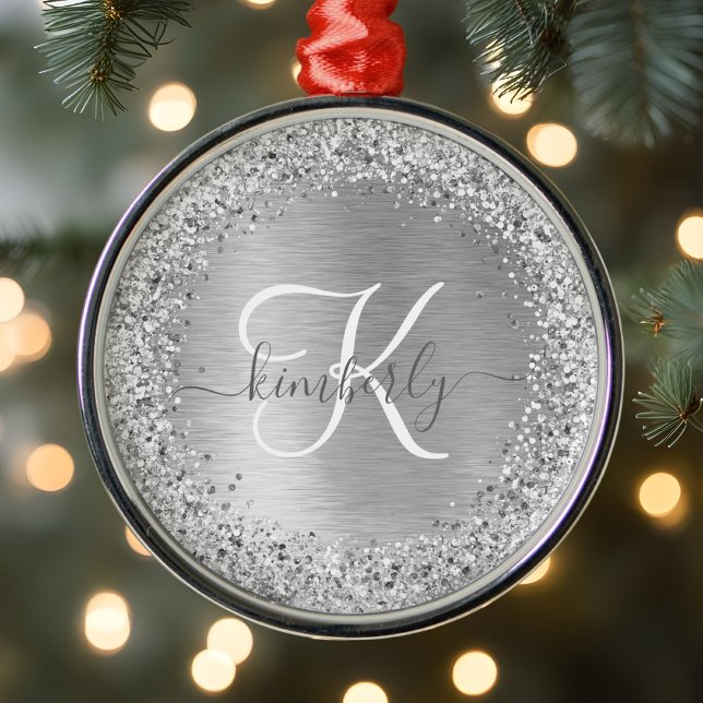 Silver Brushed Metal Glitter Monogram Name Metal Ornament (Creator Uploaded)