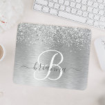 Silver Brushed Metal Glitter Monogram Name Mouse Pad<br><div class="desc">Easily personalize this trendy chic mouse pad design featuring pretty silver sparkling glitter on a silver brushed metallic background.</div>