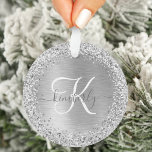 Silver Brushed Metal Glitter Monogram Name Ornament<br><div class="desc">Easily personalize this trendy chic ornament design featuring pretty silver sparkling glitter on a silver brushed metallic background.</div>