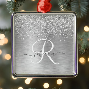 Silver Brushed Metal Glitter Monogram Name Ornament