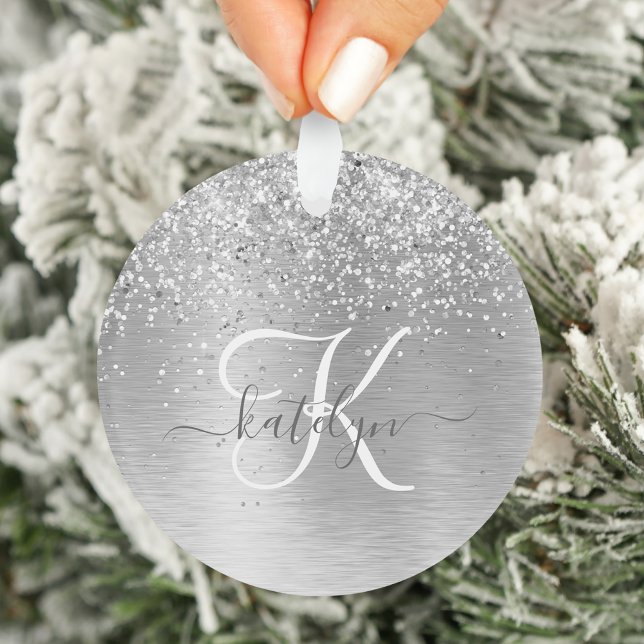 Silver Brushed Metal Glitter Monogram Name Ornament (Creator Uploaded)