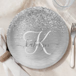 Silver Brushed Metal Glitter Monogram Name Paper Plate<br><div class="desc">Easily personalize this trendy chic paper plates design featuring pretty silver sparkling glitter on a silver brushed metallic background.</div>