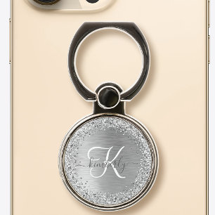 Silver Brushed Metal Glitter Monogram Name Phone Ring Stand