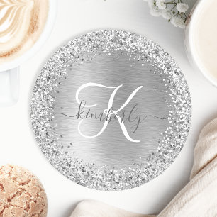 Silver Brushed Metal Glitter Monogram Name Round Paper Coaster