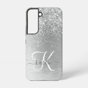 Silver Brushed Metal Glitter Monogram Name Samsung Galaxy Case