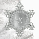 Silver Brushed Metal Glitter Monogram Name Snowflake Pewter Christmas Ornament<br><div class="desc">Easily personalize this trendy snowflake framed Christmas ornament design featuring pretty silver sparkling glitter on a silver brushed metallic background.</div>