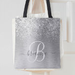 Silver Brushed Metal Glitter Monogram Name Tote Bag<br><div class="desc">Easily personalize this trendy chic tote bag design featuring pretty silver sparkling glitter on a silver brushed metallic background.</div>