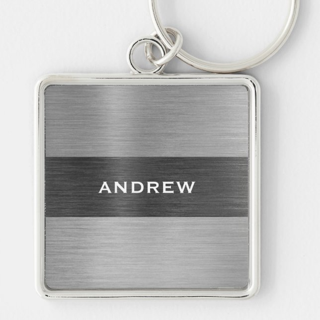 Silver Brushed Metal Metallic Monogram Name  Keychain (Front)