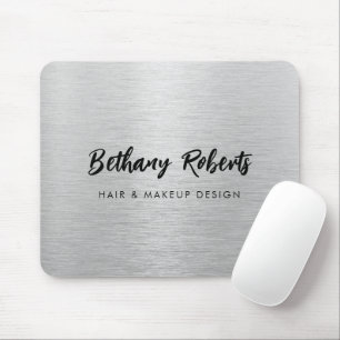 Silver Brushed Metal Modern Script Hair and Makeup Mouse Pad