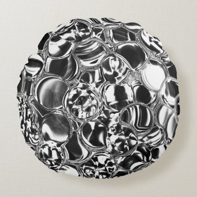 Silver bubbles with glass or metal tone  round pillow (Front)