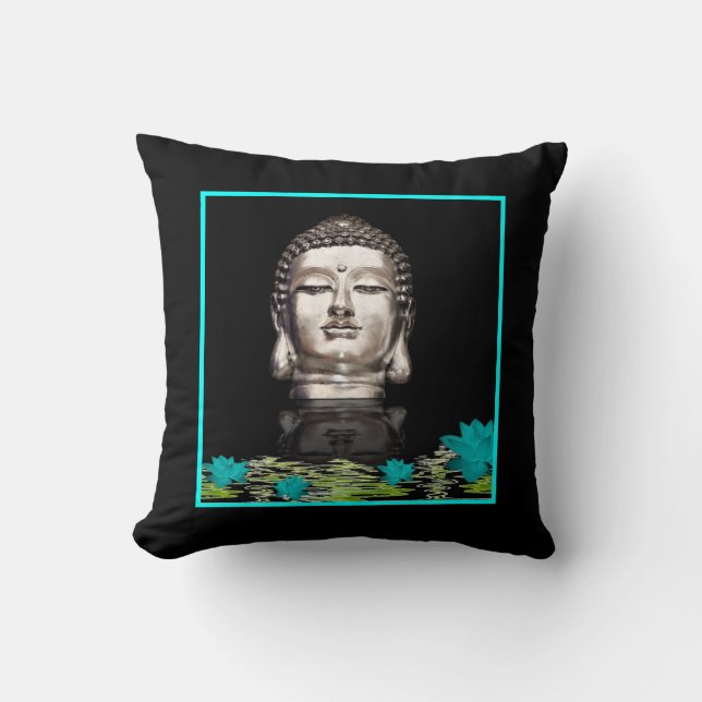 Silver Buddha Head Statue Throw Pillow (Front)