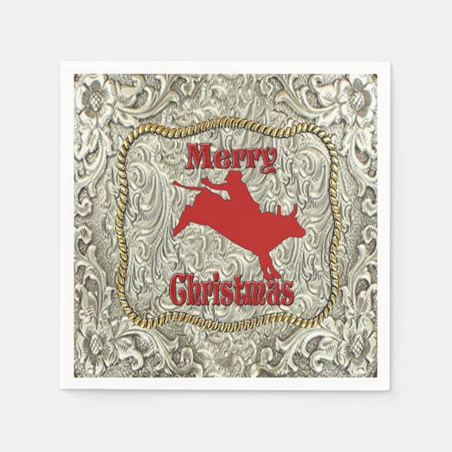 Silver Bull Rider Belt Buckle Christmas Napkin (Front)