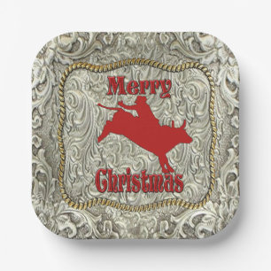 Silver Bull Rider Belt Buckle Christmas  Paper Plate
