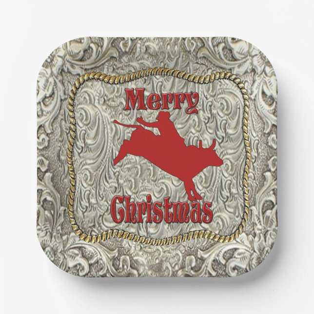 Silver Bull Rider Belt Buckle Christmas Paper Plate (Front)
